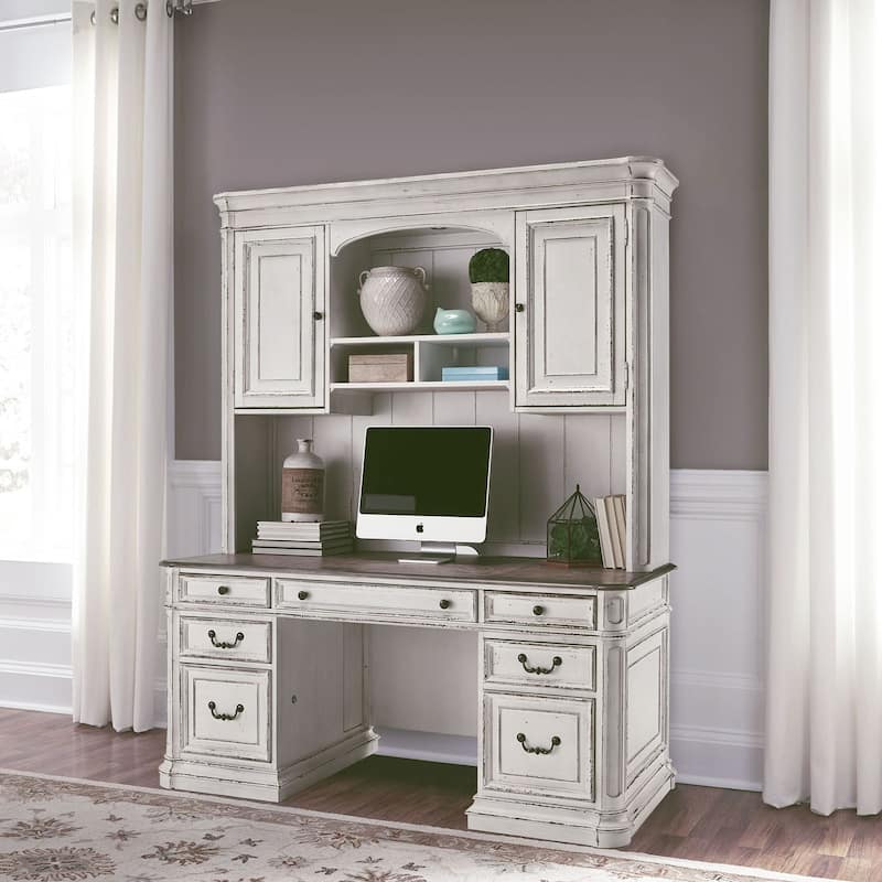 Magnolia Manor Antique White Weathered Bark Credenza & Hutch - Antique White