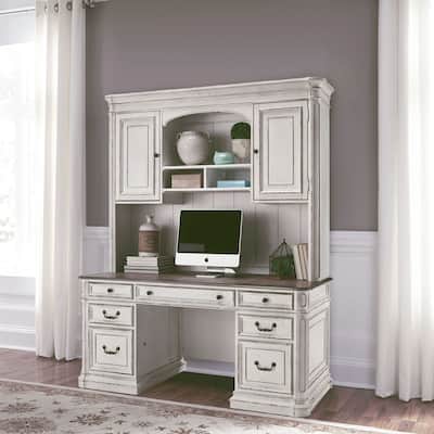 Magnolia Manor Antique White Weathered Bark Credenza & Hutch