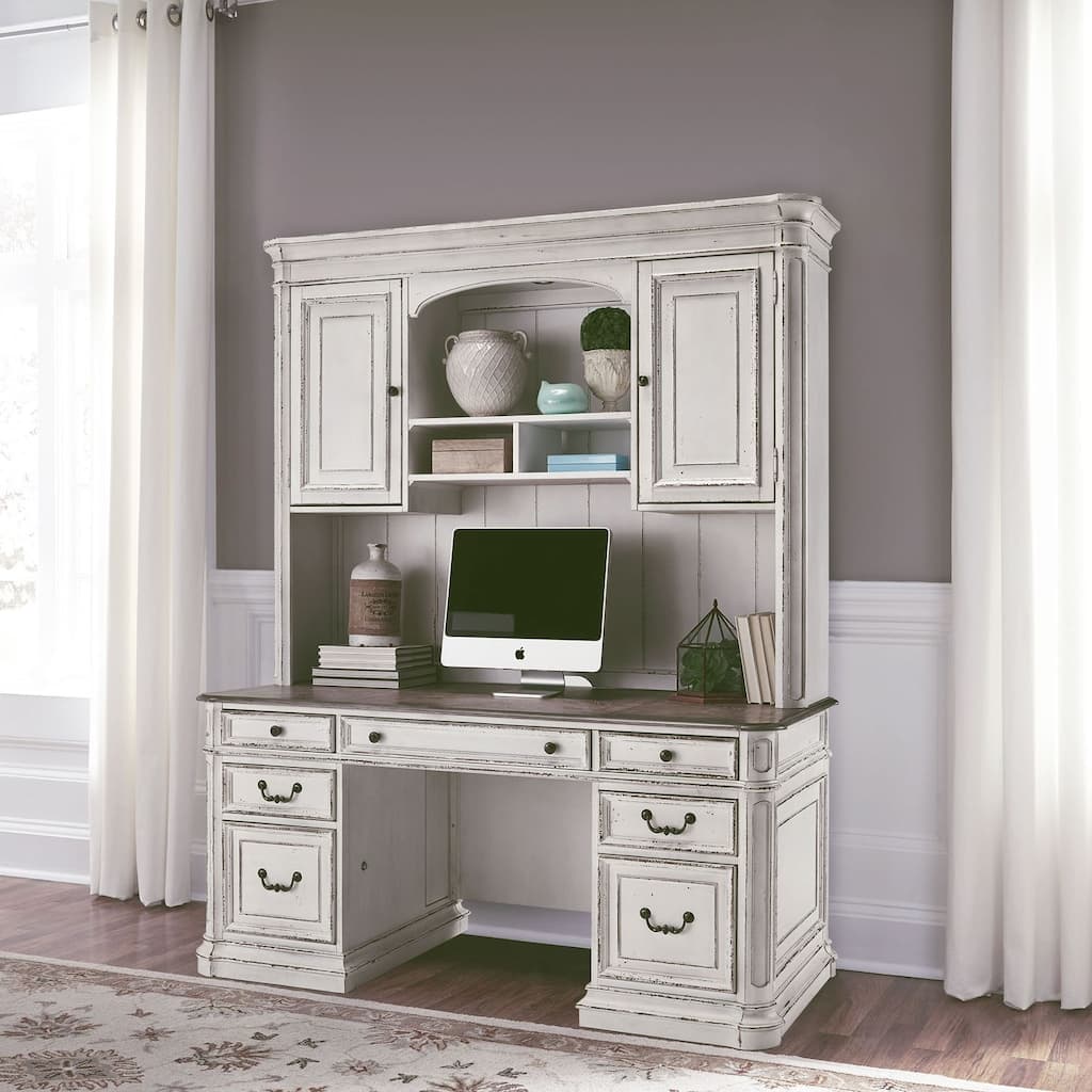 Magnolia Manor Antique White Weathered Bark Credenza & Hutch
