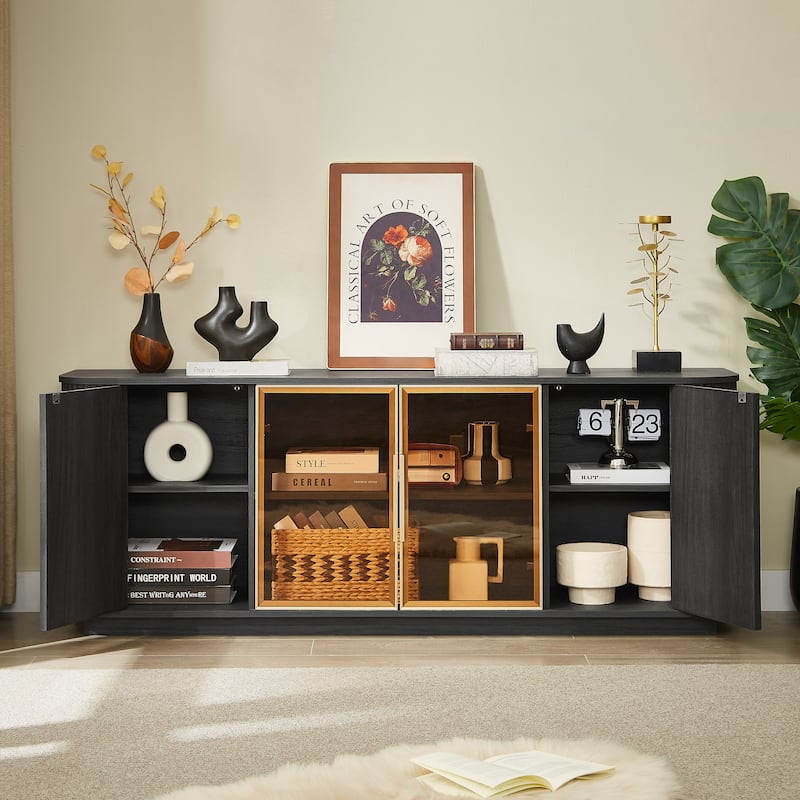 Anmytek 64 Inch Wavy Wooden TV Cabinet Black Aluminum Frame Tempered Glass Door Storage Sideboard