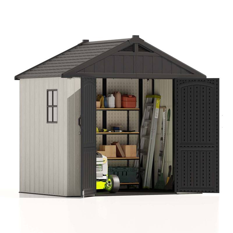 Patiowell 8' x 6' / 8' x 8' / 8' x 10 '/ 8' x 12' Plastic Outdoor Shed With Floor for Patio Furniture, Tools (Kick-It Shed)