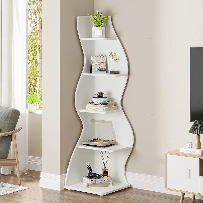 Corner Shelf Bookcase Bookshelf with Unique Shape for Living Room, Home Office - 1PC - White