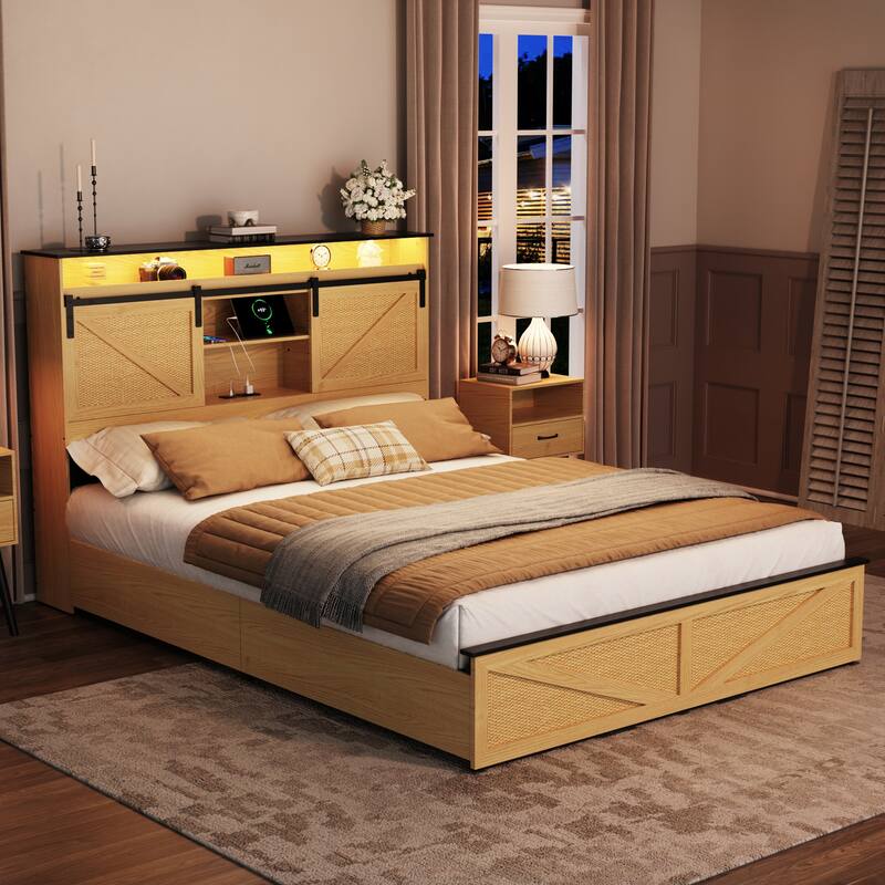 Queen Size Farmhouse Bed Frame with Storage Headboard, Drawers, Charging Station & RGB LED Lights - Natural