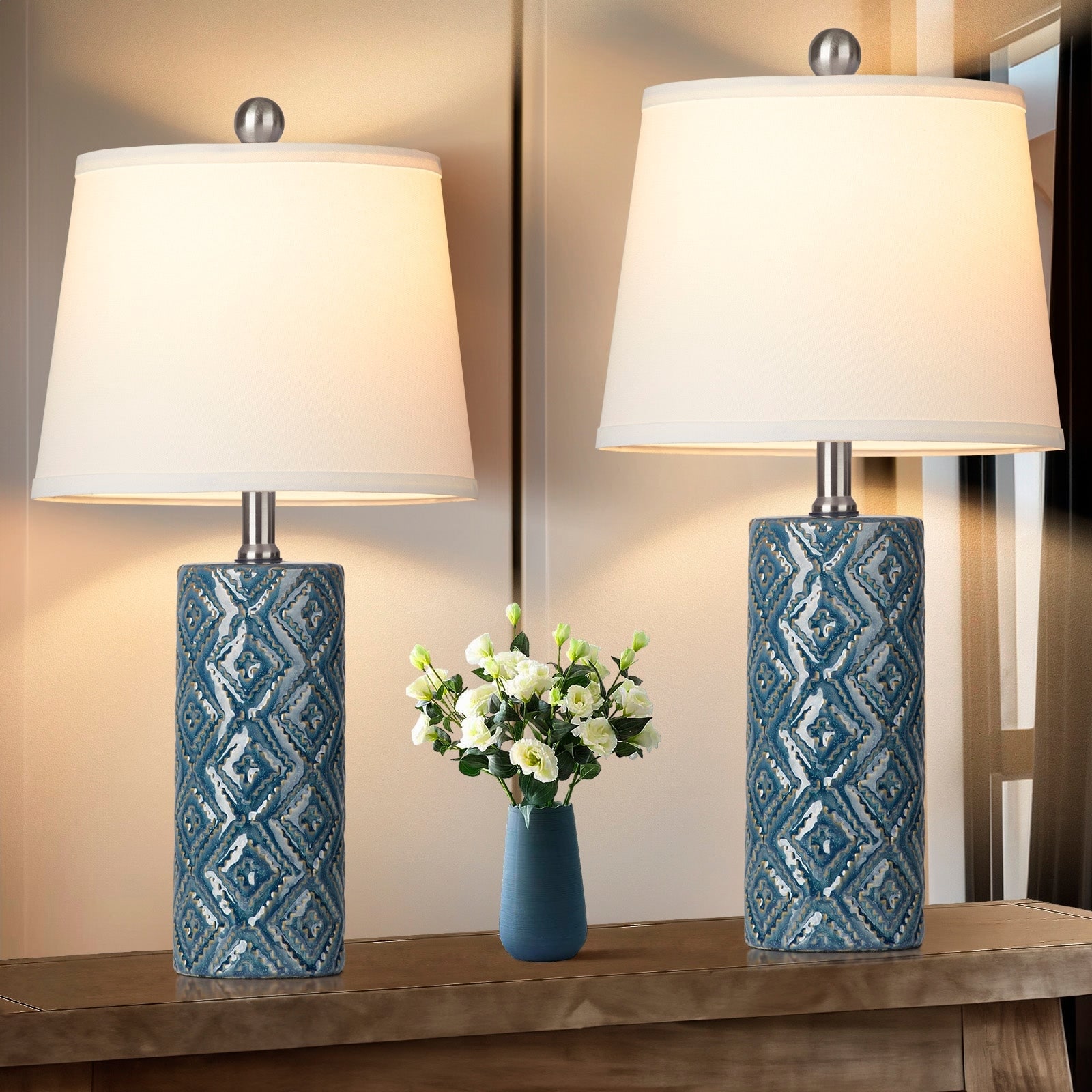 Table Lamps Ceramic Blue Cylinder Rotary Switch Knockdown Shade(Set of 2)