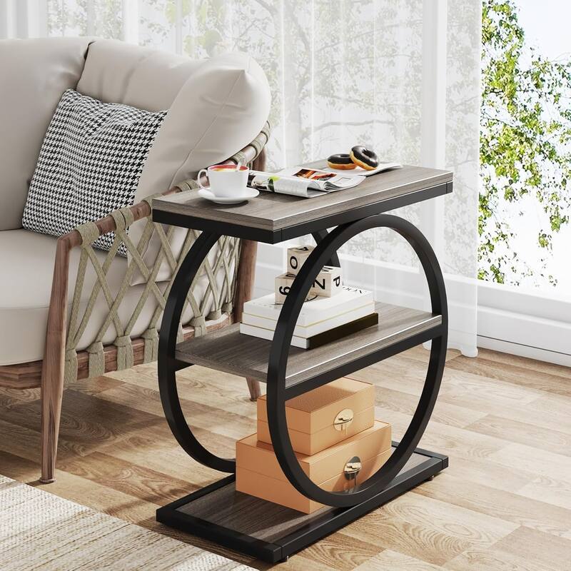 Narrow End Table with 3 Storage Shelves, Wood Side Table for Living Room - 1 Pc - Grey
