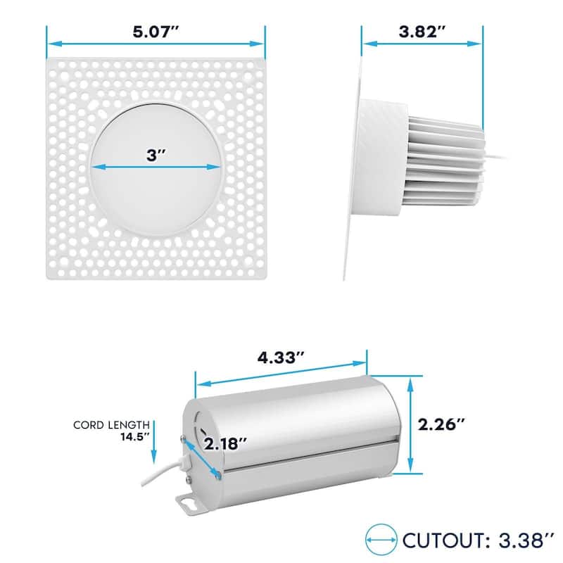 Luxrite 3 Inch Trimless Recessed LED Light with J-Box 15W 5CCT Dimmable Spotlight 1100LM CRI 90 Damp Rated ETL
