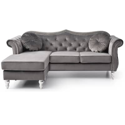 Tufted Velvet Chesterfield Sectional Sofa with Throw Pillows - 81" - Dark Gray