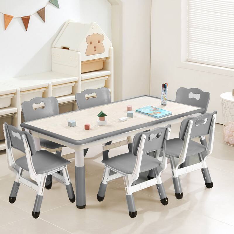 Kids Table and Chairs Set, Height Adjustable Desk with 6 Seats for Ages 2-10 - GREY