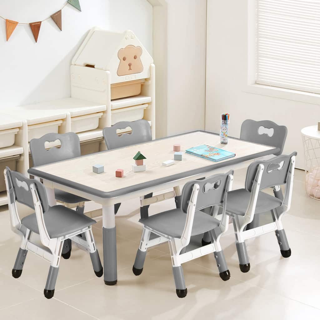Kids Table and Chairs Set, Height Adjustable Desk with 6 Seats for Ages 2-10