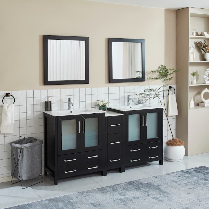 Vanity Art 72" Double Sink Bathroom Vanity Set 7 Dove-Tailed Drawers, 2 Cabinets, 2 Shelves, Soft-Closing Doors with Free Mirror