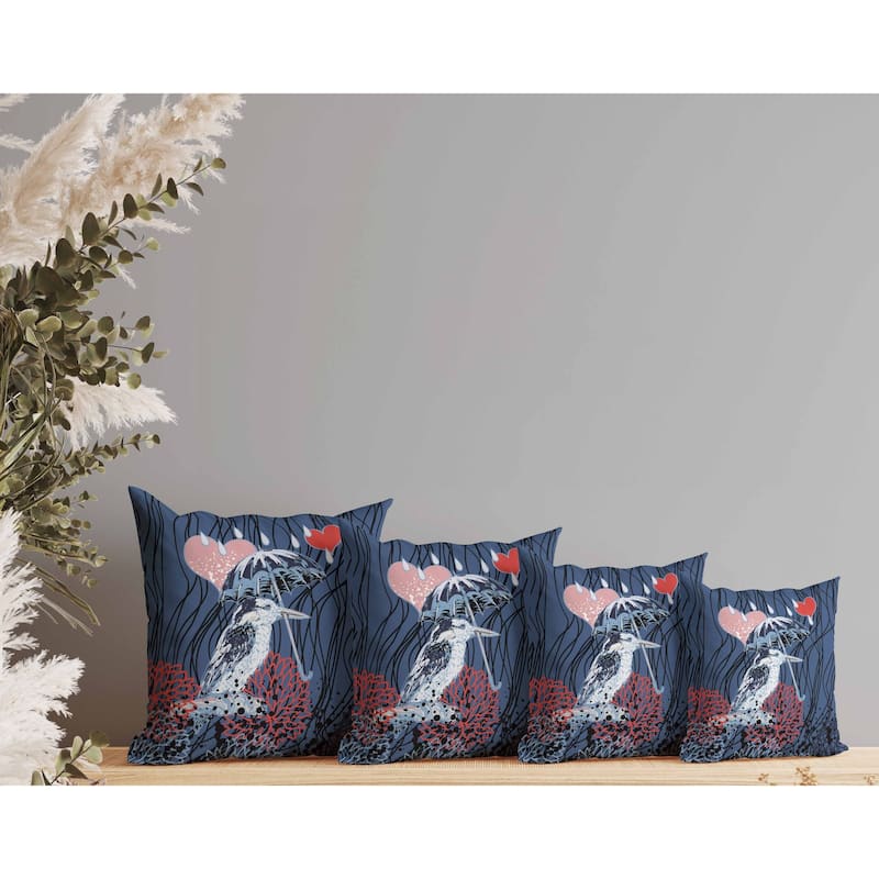 Bird with Umbrella Indoor/Outdoor Reversible Throw Pillow Blue and Red