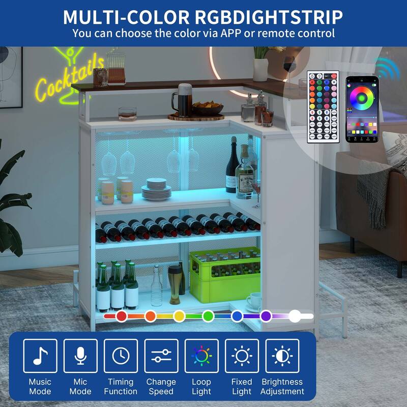 Moasis Home Bar Unit L-shape Liquor Bar Table with 2-Tier Storage and Shelves