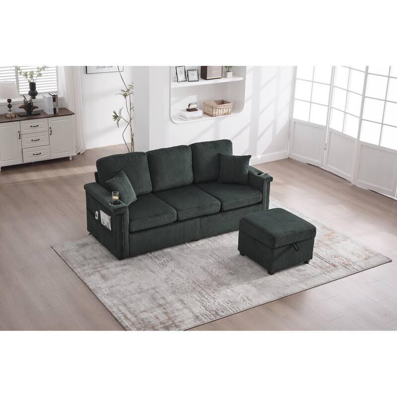 L-Shaped Sectional Sofa with Pull-Out Storage,Ottoman & Pillows 3-Seat with USB Charging,Cup Holder, Convertible Design
