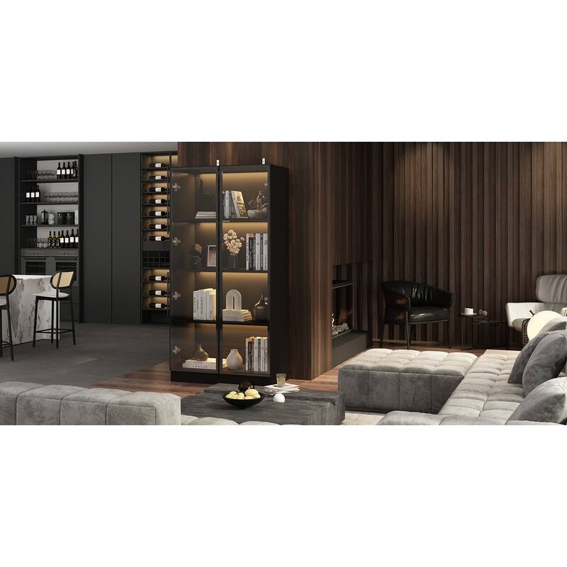 Storage Cabinet Glass l Wood Display Cabinet with 4 Shelves and Light