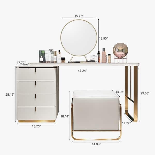 Modern Makeup Vanity, Dressing Table Set with 4 Drawer, PU Leather