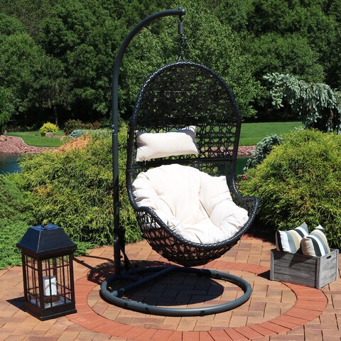 Cordelia Hanging Egg Chair with Stand - Resin Wicker - Beige Cushions