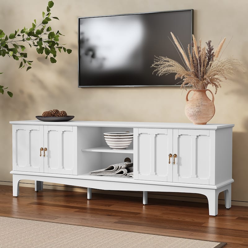 67" Mid-Century Modern TV Stand with Storage Cabinets & Open Shelves - White