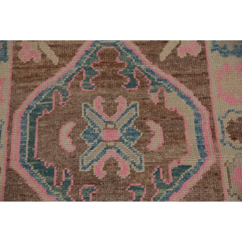 Hand Knotted Oriental 100% Wool Carpet Transitional Geometric Brown Oushak Runner Rug - 16' 1'' X 3' 5''