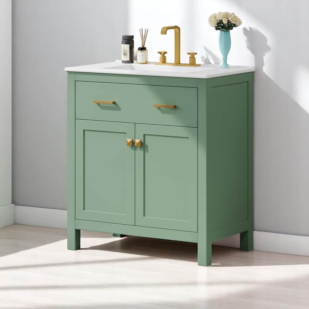 30" Modern Bathroom Vanity with Ceramic Sink, Soft-Close Doors, Flip-Out Drawer & Adjustable U-Shaped Shelf