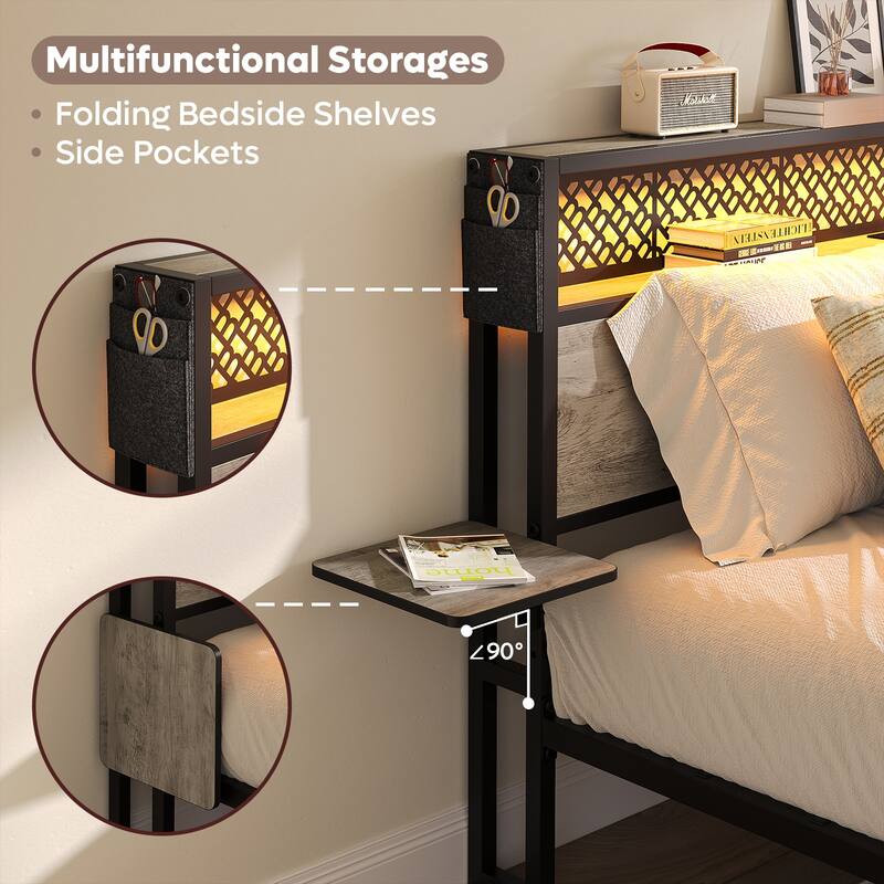 Platform Bed with LED Upholstered Storage Headboard Charge Station Foldable Bedside Shelf