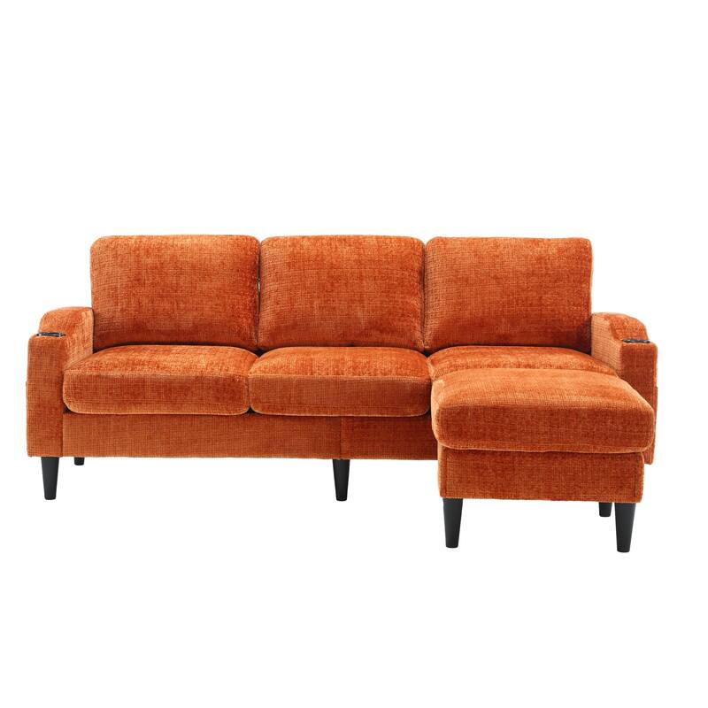 Modular Sectional Sofa with Storage Ottoman, Comfy Chenille Fabric Sofa, 3-Seater Sofa with Side Pockets & 2 Cup Holders