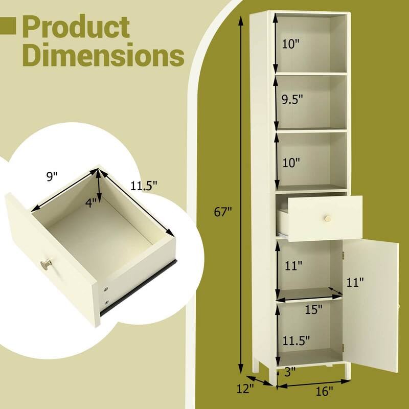 Costway 67” Tall Bathroom Cabinet with 3 Open Shelves, 1 Drawer, - See Details