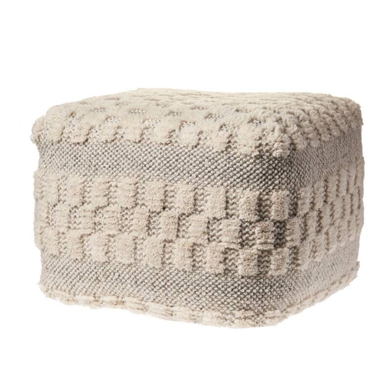 18" Beige and Gray Checkered Wool Square Pouf Ottoman