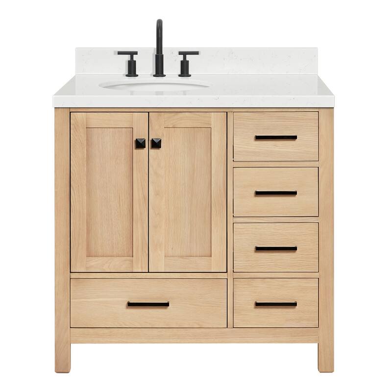 Ariel A036SLCQOVO Cambridge 36" Free Standing Single Basin Vanity Set - Oak / Carrara White Quartz Top / Matte Black