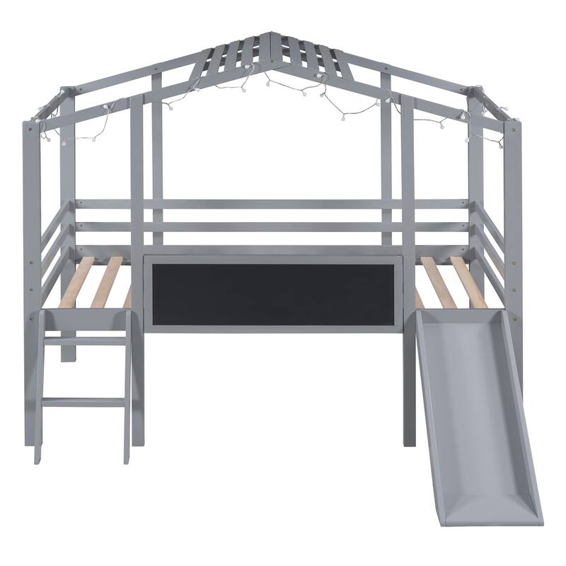 Twin Size House Loft Bed with Slide & Blackboard, Unique Design with Light Strip on Roof, Safe & Fun