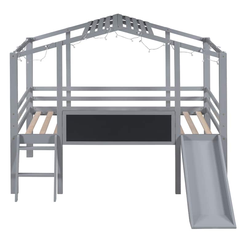 Twin Size Solid Wood Loft Bed with Ladder and Slide, House Bed with Blackboard and Light Strip on the Roof