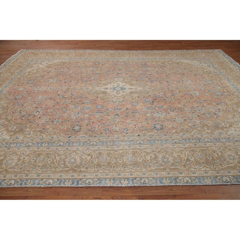 Hand Knotted Oriental 100% Wool Carpet Traditional Floral Pink Mashad Area Rug - 11' 11'' X 8' 9''