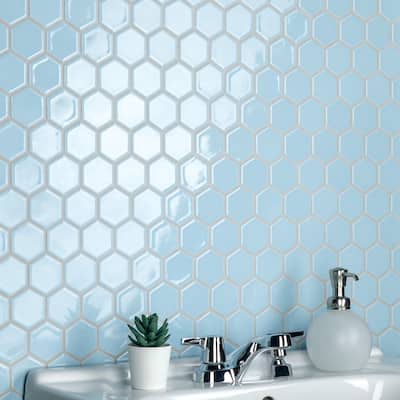 Merola Tile Hudson Due 2" Hex Cashmere Blue 12-1/2" x 11-1/4" Porcelain Floor and Wall Mosaic Tile