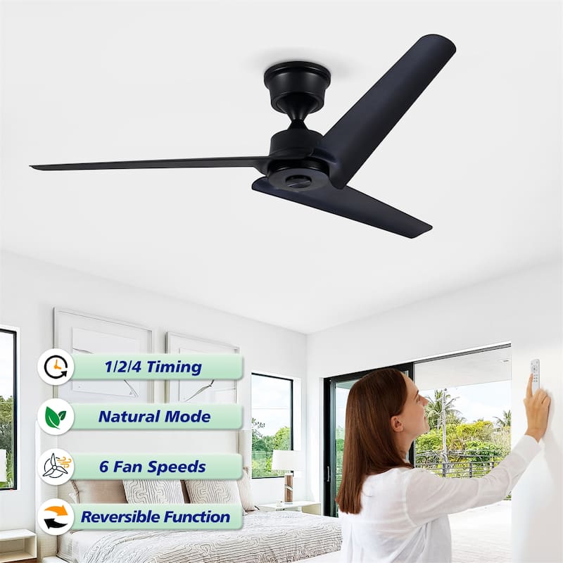 52" Flush Mount & Rod ABS 3 Blades Ceiling Fan with Remote Control No Lights
