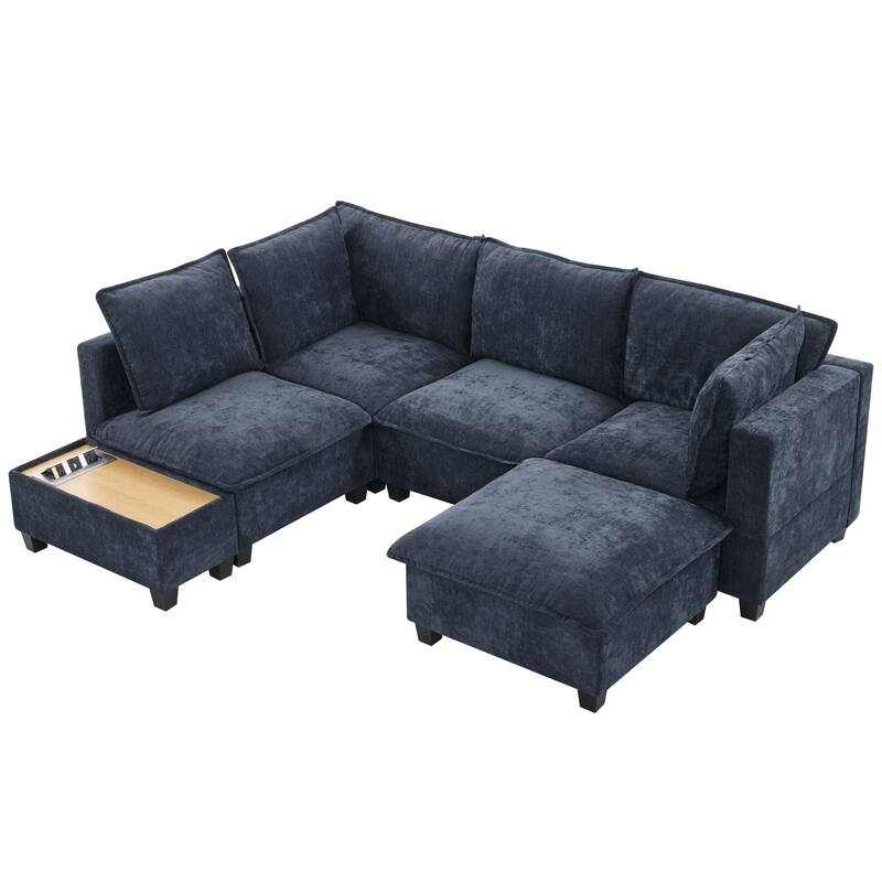 U-Shaped Sectional Sofa with Ottoman, Coffee Table with Hidden Charging Devices, Oversized Chenille Upholstered Cloud Sofa