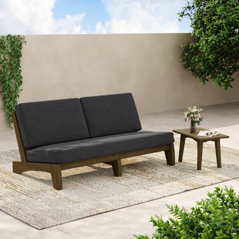 3-Seat Outdoor Sofa Set with Solid Wood Coffee Table, Weather-Resistant Cushions - Side Table/Dark Grey - Brown Wood