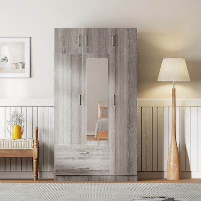 Modern Clean 3-Door Wardrobe Built-In Mirror Armoires with 2 Storage Drawers and Top Cabinet