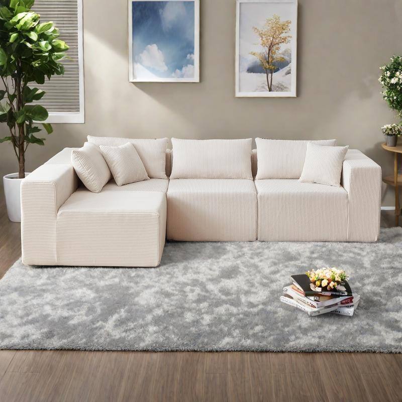 104" Corduroy Modular L-Shaped Sectional Sofa with 4-Piece Free Combination, Foam-Filled Cushions - Beige