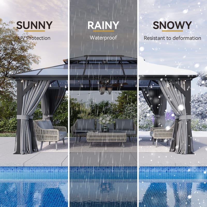 Hardtop Gazebo, Aluminum Frame Permanent Pavilion with Curtains and Netting