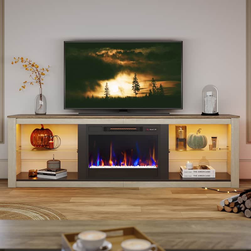 TV Stand for TVs up to 75" with Fireplace, LED Entertainment Center - 71 inch - White Wash