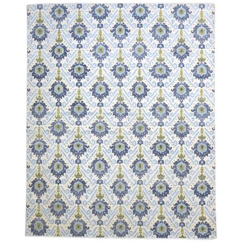 One of a Kind Hand-Knotted Modern 8' x 10' Ikat Wool Blue Rug - 8' x 10'