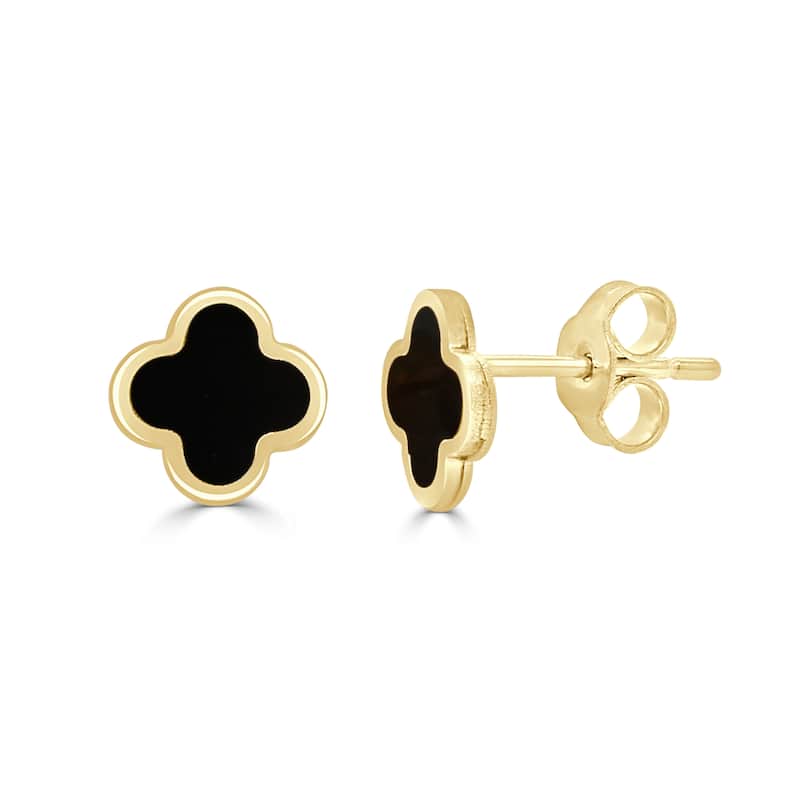 Italian Gold 14K Yellow Gold Small Clover Stud Earrings - Made in Italy - Clover Size 7mm - Onyx