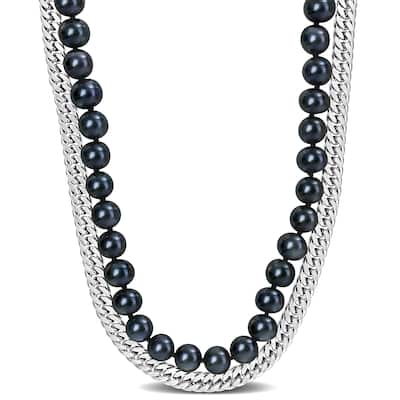 Miadora Mens 7.5-8mm Cultured Freshwater Black Pearl and Double Curb-Link Sterling Silver Necklace