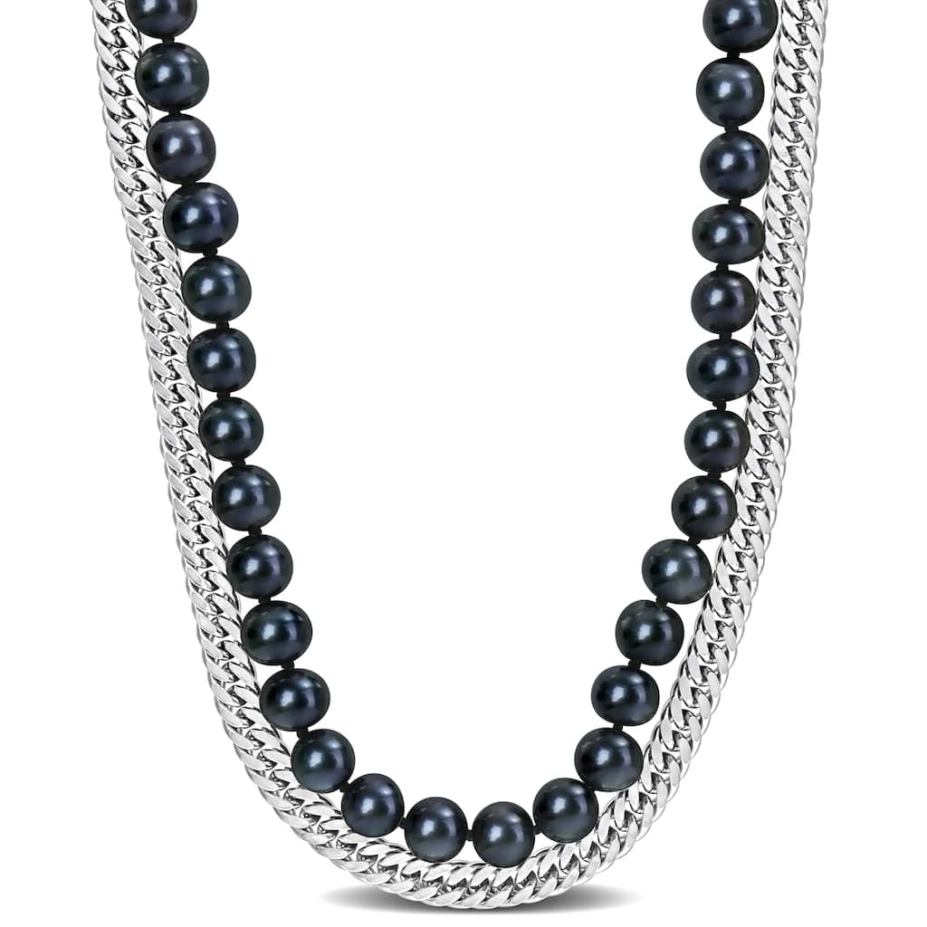 Miadora Mens 7.5-8mm Cultured Freshwater Black Pearl and Double Curb-Link Sterling Silver Necklace