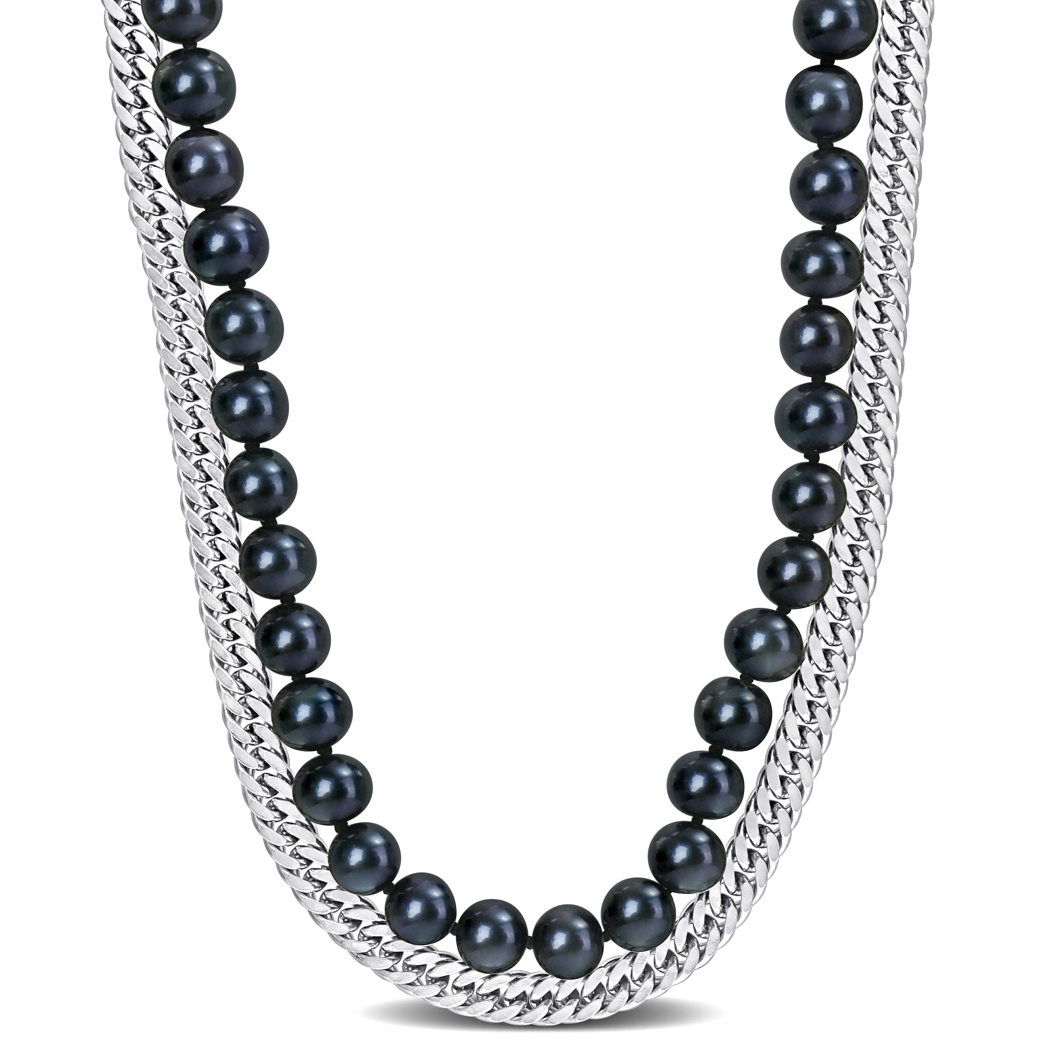 Miadora Mens 7.5-8mm Cultured Freshwater Black Pearl and Double Curb-Link Sterling Silver Necklace