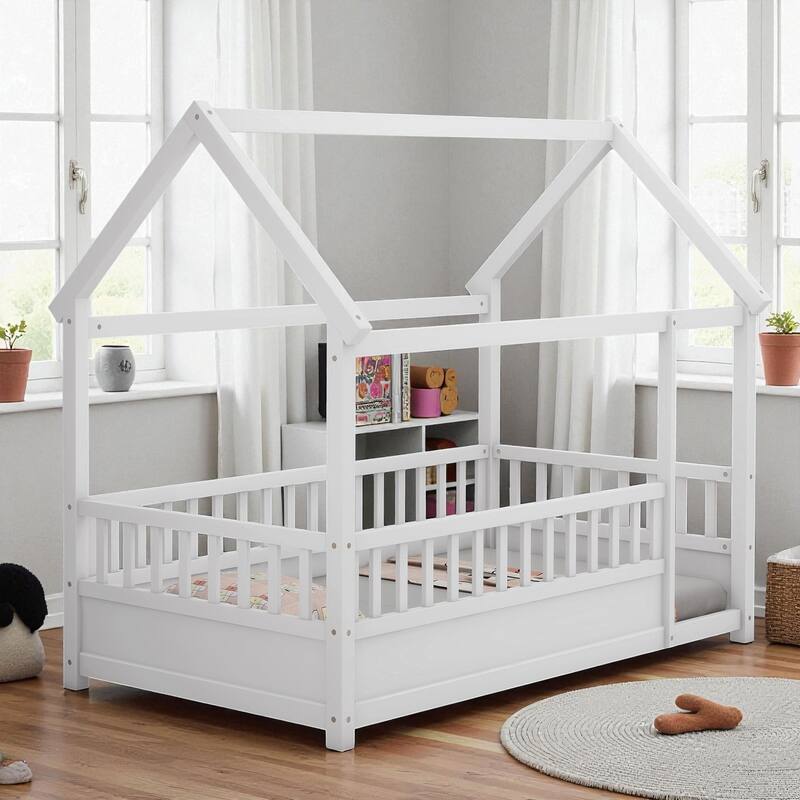 Twin/Full Wooden House Frame Floor Bed with Fence Guardrails, Montessori Style Kids Bed, Pine Wood Low Profile Design