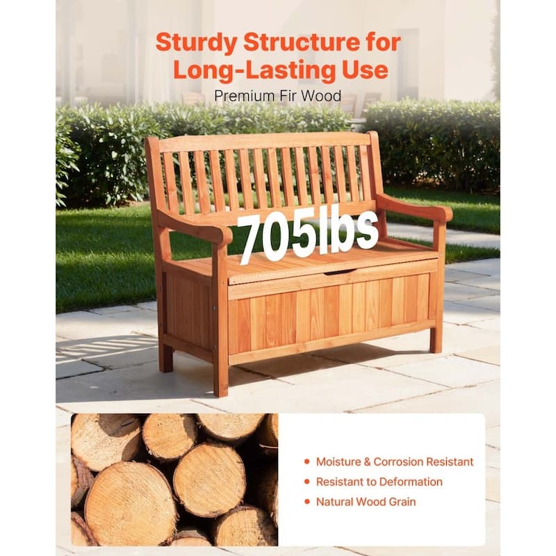 2-in-1 Wooden Patio Storage Bench with Pneumatic Rod and Deck Box Seat for Garden Pool Backyard - 42.9” × 23.03” × 35.5”