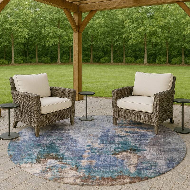 Machine Washable Indoor/ Outdoor Abstact Contemporary Chantille Rug - Blue - 8' x 8'