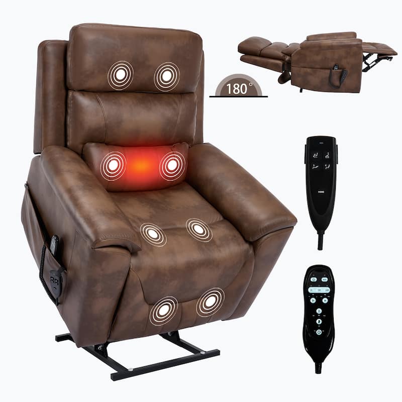 Roomfitters Dual Motor Power Lift Recliner 180 Flat Infinite Position Heat Massage Heavy Duty Leatherair Sofa