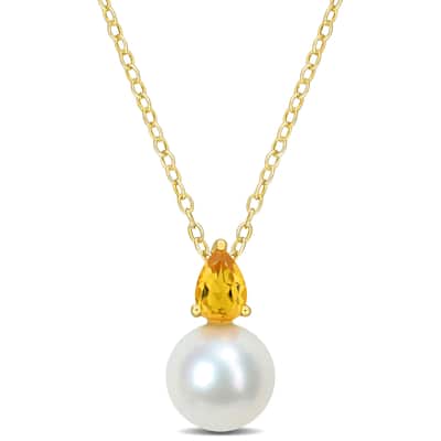 Miadora 2/5ct TGW Citrine and 8.5-9mm Cultured Freshwater Pearl Pendant with Chain Yellow Silver - 15.5 mm x 8.7 mm