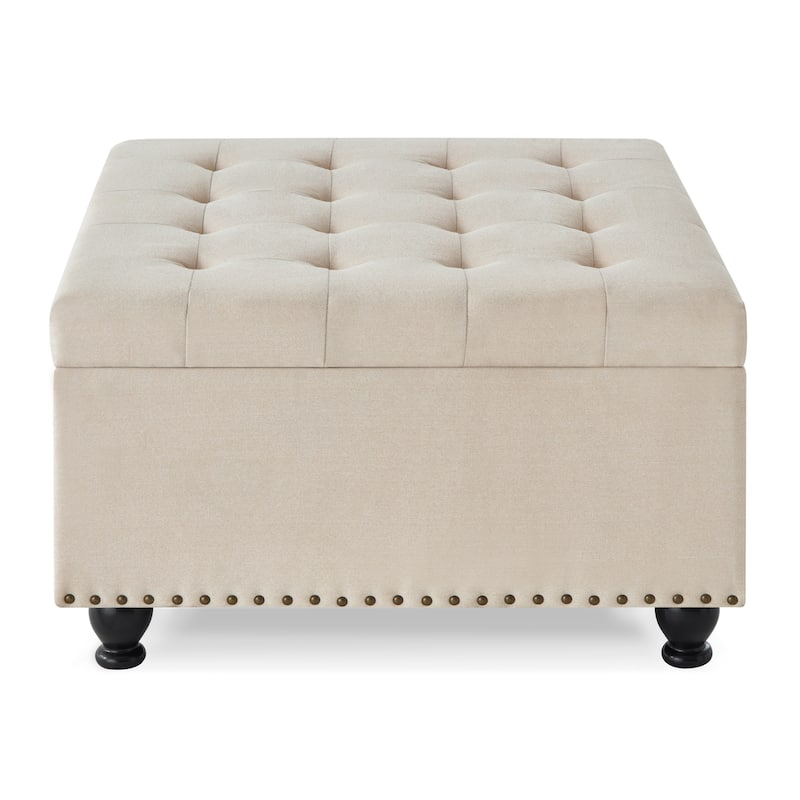 Upholstered Fabric Button Tufted Storage Ottoman with Nail Trims